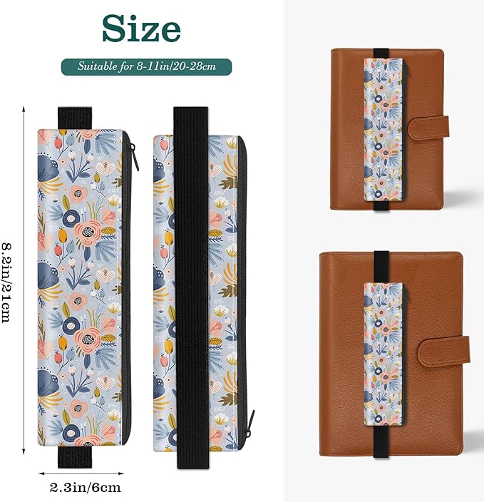 4 Pack Elastic Pen Holder for Notebook, Prints Pen Pouch with Elastic Band and Zipper, Leather Pen Holder for Planners, Journals, Book (Colorful Flowers)
