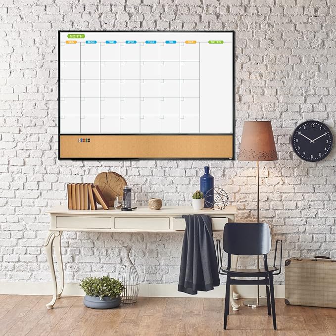Magnetic Calendar Whiteboard & Bulletin Corkboard Combination, Combo Board 48 x 36 Inch, Black Aluminum Frame Wall Mounted Board for Office Home and School with 10 Push Pins