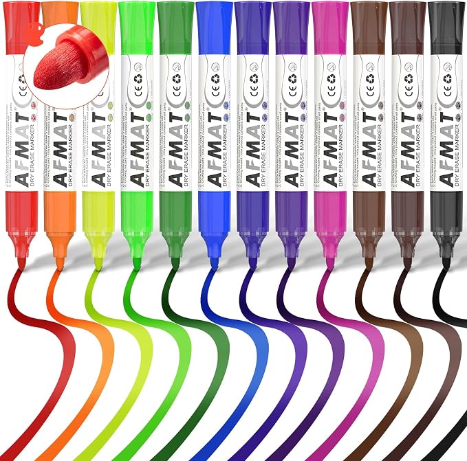 AFMAT Dry Erase Markers, 12-Count 12 Colors Whiteboard Markers, Bullet Tip, High-Capacity Liquid Ink for 1,700m Writing Length, w/Visible Ink Level, Low Odor Erasable for Teacher Office Classroom