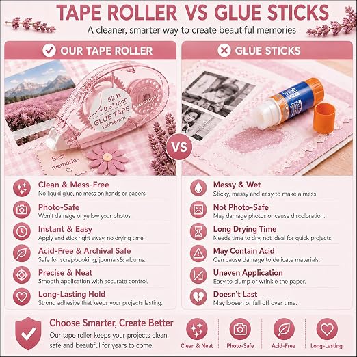 MARCADORUS Double Sided Tape Roller, Scrapbook Glue Tape 6 Pack, Extra-Long | 52 Ft x 0.31 In Each, 312 Ft Total; Permanent, Acid-Free, Photo-Safe Tape for Scrapbooks, Journals, Cards & Crafts