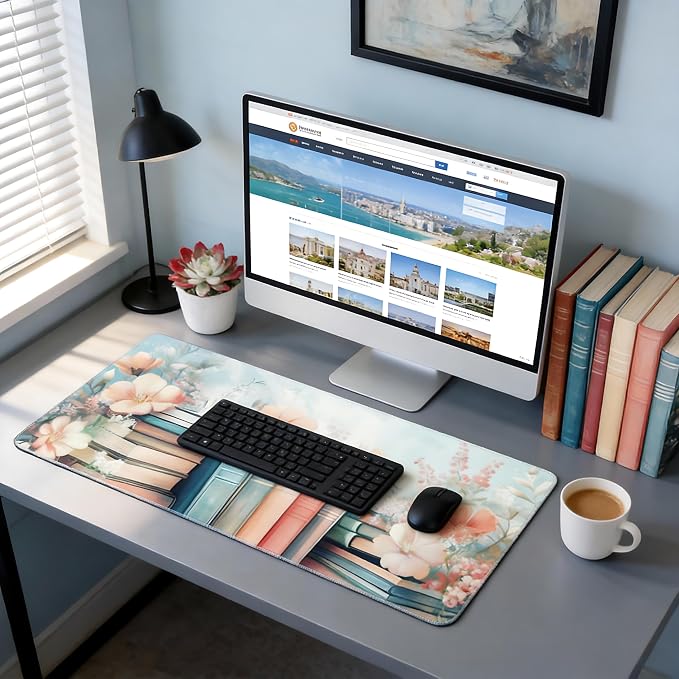 Floral Aesthetic Book Gaming Mouse Pad, Black Blue Cottagecore Desk Mat with Anti-Slip Base & Stitched Edges, Office Supplies & Desk Decor for Women, 35.4" x 15.7" in Home Office Essentials