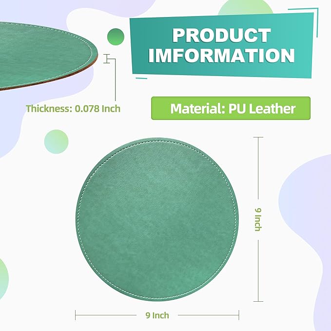 Mouse Pad，Round Mouse Pad，PU Mouse Pad，Leather Mouse Pad with Stitched Edge Micro-Fiber Base with Non-Slip Waterproof，Mouse Pad for Computers，Laptop，9 x 9 Inch (Turquoise)