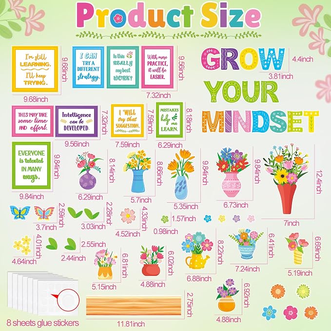 Qilery Growth Mindset Bulletin Board Set - Spring Floral Classroom Decor | Growth Mindset Positive Affirmation Wall Art, Motivational Potted Plant Cutouts for Teacher & Elementary School Counselor