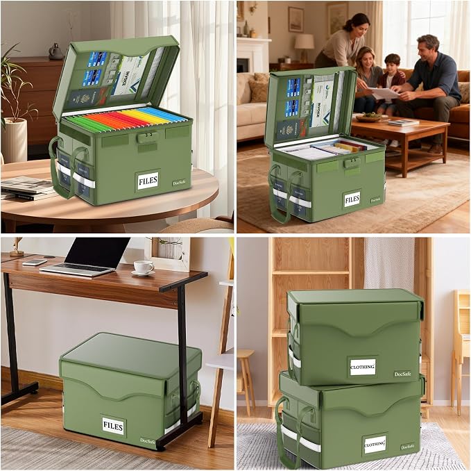 DocSafe 5200°F Fireproof Document Box with Lock,Heat Insulated File Organizer Storage with Pockets,Collapsible Portable Home Office File Safe Box with Handle for Hanging Letter/Legal Folders, Green
