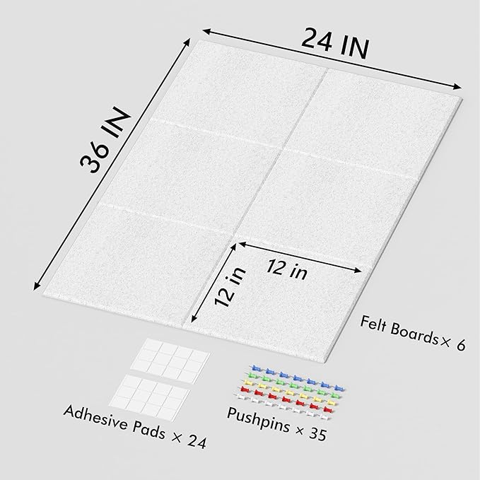 Large Cork Board for Wall, 36" x 24" Bulletin Board with Pushpins, 6 Panels Felt Tiles Tack Push Pin Board for Office, Silver Gray