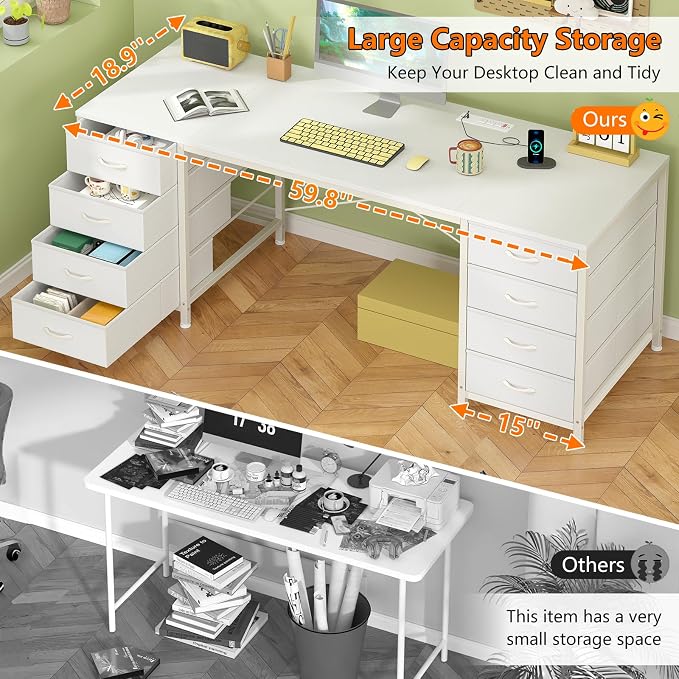 60 Inch Computer Desk with 8 Drawers for Home Office, Bedroom, Living Room | Home Office Desk with Power Outlets, Work Study Gaming Desk with 8 Fabric Drawers, White