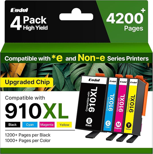 Remanufactured 910XL Ink Cartridges for HP Printers Black Color, 4 Pack | Compatible with HP+, High Page, Work for OfficeJet Pro 8025e 8025 8028e 8028 8035e 8035 OfficeJet 8015e 8022e 8015