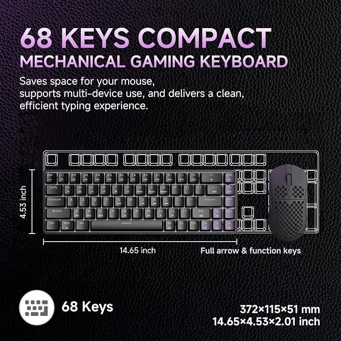 DIERYA DK68 60% Wireless Mechanical Gaming Keyboard, 3-Mode, Bluetooth 5.0/2.4G/USB-C, RGB Backlit, 68-Key Compact Mini for Windows, Mac, Linux - Clicky Blue Switch - Black