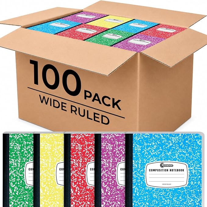 100 Pack Composition Notebooks Bulk Wide Ruled, Bulk Color Marble | Bulk Marble Composition Notebook, 200 Pages (100 Sheets), 9-3/4 x 7-1/2, Hard Cover, Bulk Notebooks for Office & School