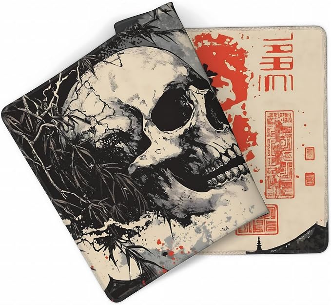 Aesthetic Skull Gaming Mouse Pad, Beige Black Japanese Desk Mat with Anti-Slip Base & Stitched Edges,35.4" x 15.7" in Desk Accessories for Women, Home Office Decor & Artistic Gift