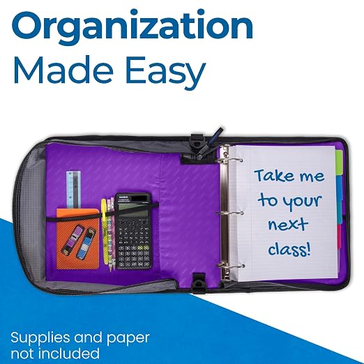 Case-it School Zipper Binder | 2" O-Rings | 400-Sheet | LT-007 Deep Purple | Universal, 13-Inch Laptop/Tablet Padded Pocket, Multiple Storage Pockets, Shoulder Strap, School & Office Organizer