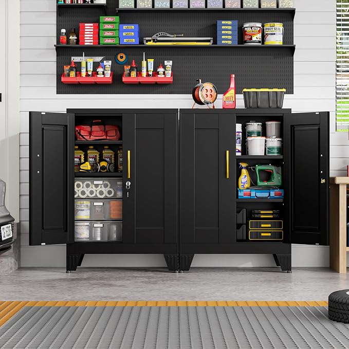 36" Metal File Storage Cabinet with Lock,Steel Locker Organizer, Office File Cabinet with 2 Doors and 2 Adjustable Shelves,Outdoor Tool Garage Cabinets for Home Office,Gym,School,Warehouse(Black)