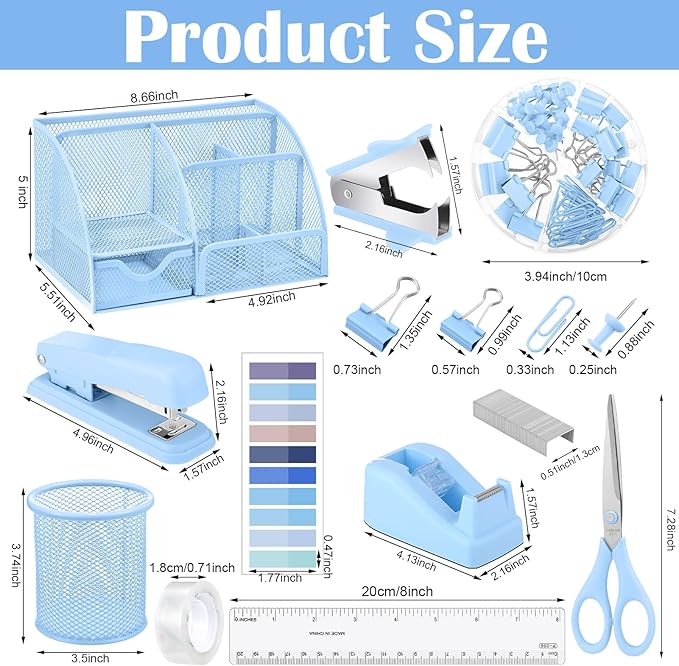 11 In 1 Blue Desk Organizer And Accessories, Light Blue Office Supplies Include Stapler, Tape Dispenser, Pen Holder, Staple Remover, Clips, Ruler, Scissors, Tapes, Tabs