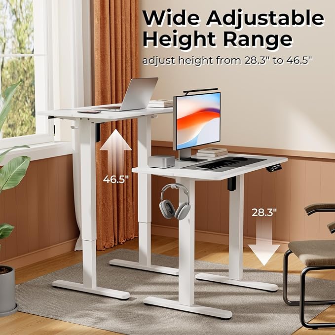 Small Standing Desk, 32" ×20" Electric White Standing Desk, Height Adjustable Compact Sit Stand Workstation with Splice Board, Home Office Desk with 2 Hooks