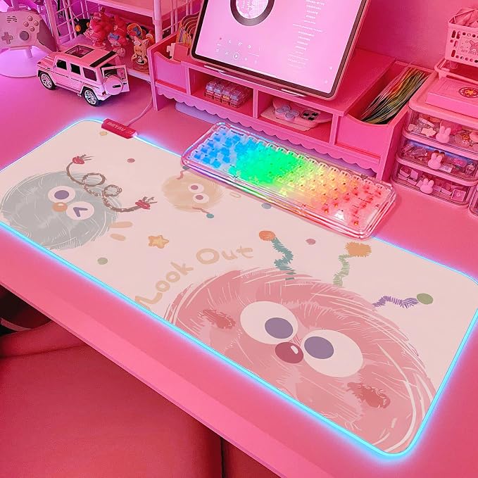JMIYAV Pink RGB Gaming Mouse Pad 31.5x12 Inch Cute Mousepad PC XL Large Extended Glowing Led Light Up Desk Pad Non-Slip Rubber Base Computer Mat Desk Accessories Gaming Setup Happy Fuzzies