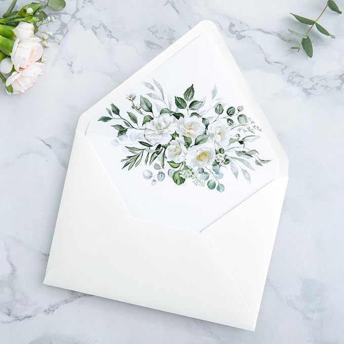 PONATIA 50PCS A7 Euro Flap Envelopes, 5.25 x 7.25'' Liner Envelope For 5x7'' Weddings Invitation Cards, Christmas Gift Cards, Acrylic Invitations, Photos (Ivory & White flower)