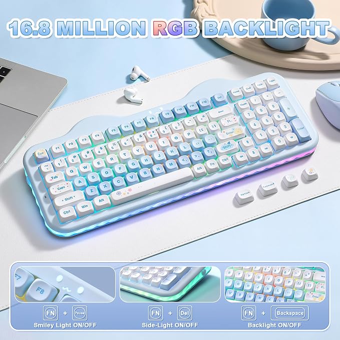 YUNZII C98 Cute Cake Wireless Mechanical Keyboard(Blue, Milk Switch) | 99 Keys with Number Pad, Hot Swap, PBT MOA Keycaps, BT5.0/2.4G/USB-C, Gasket Mount, Custom RGB Backlit for Win/Mac