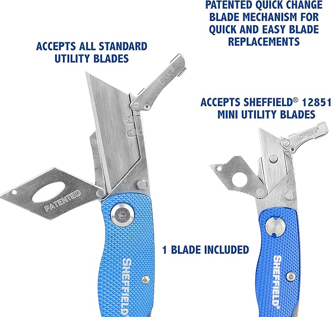 Sheffield Utility Knife and Mini Box Cutter, Folding Utility Knife Set Aluminum Handles, Accepts Std and Mini Blades, Box Cutters for Trades and DIY