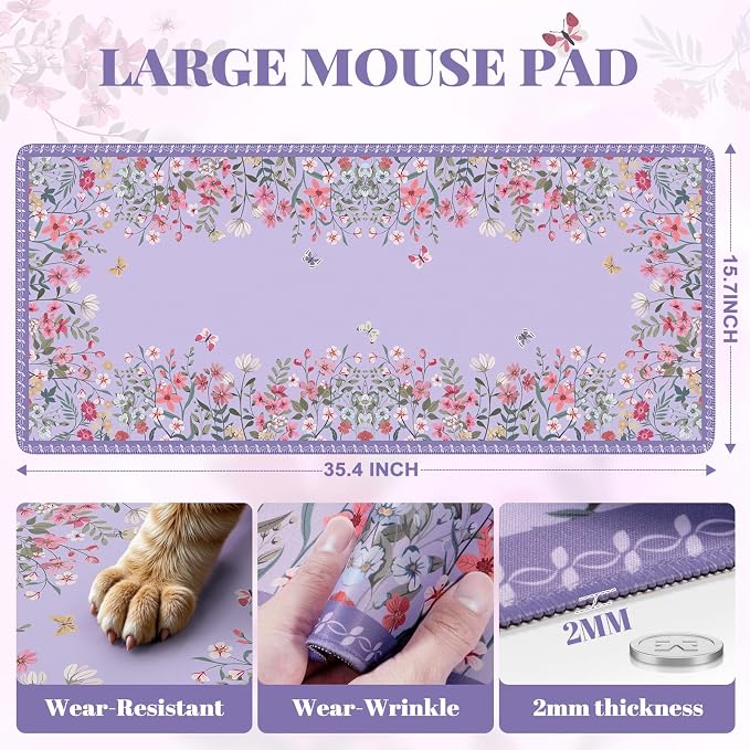 iCasso Large Desk Mat for Keyboard and Mouse,Cute Desk Pad,Purple | Anti-Slip Floral Computer Mat for Women, Girly Gaming Mouse Pad for Home Office