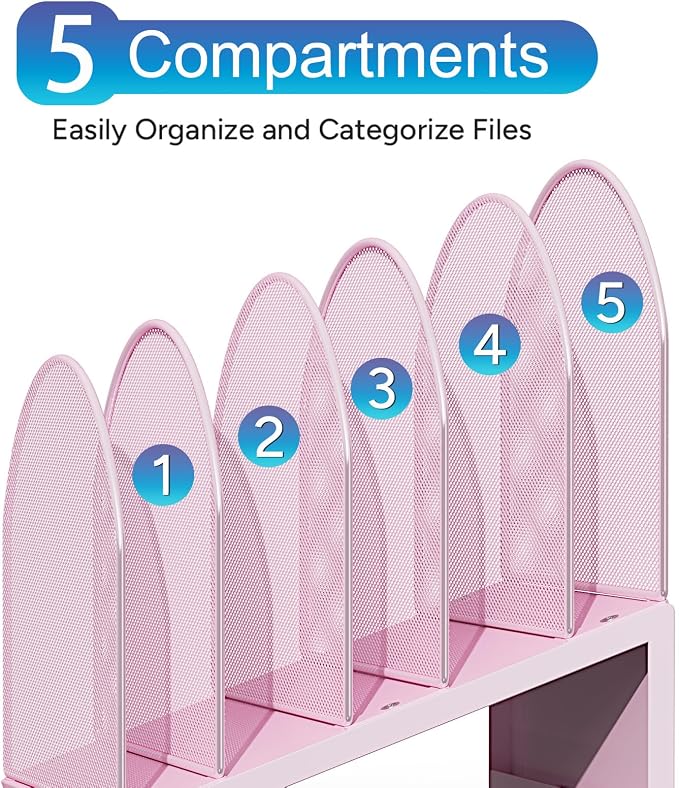 gianotter Desktop File Organizer with 5 Compartments | Desk Organizer Paper Organizer for Desk Workspace Organizers for Office Supplies (Pink, Inclined Style)