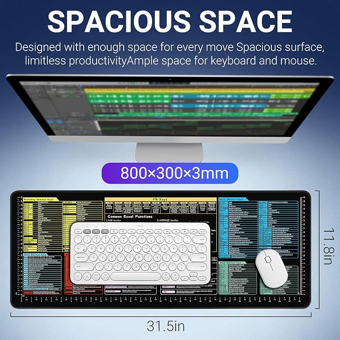 Excel/Word/PS/Gmail/Windows/Mid Journey Cheat Sheet Desk Pad - Waterproof Desk Mat with Inch Scales,Non-Slip Large Excel Cheat Sheet Keyboard Mat for Desktop,Gift(Common Office Software 02)