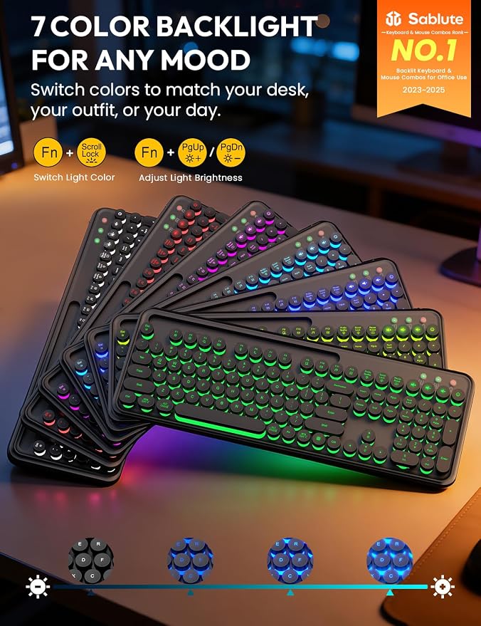Wireless Keyboard and Mouse, Backlit Typewriter with Magnetic Wrist Rest | Phone Holder, Light Up Round Keycaps, Lighting Mouse, 2.4GHz Cordless Set for Mac, Windows, PC, Laptop, SABLUTE