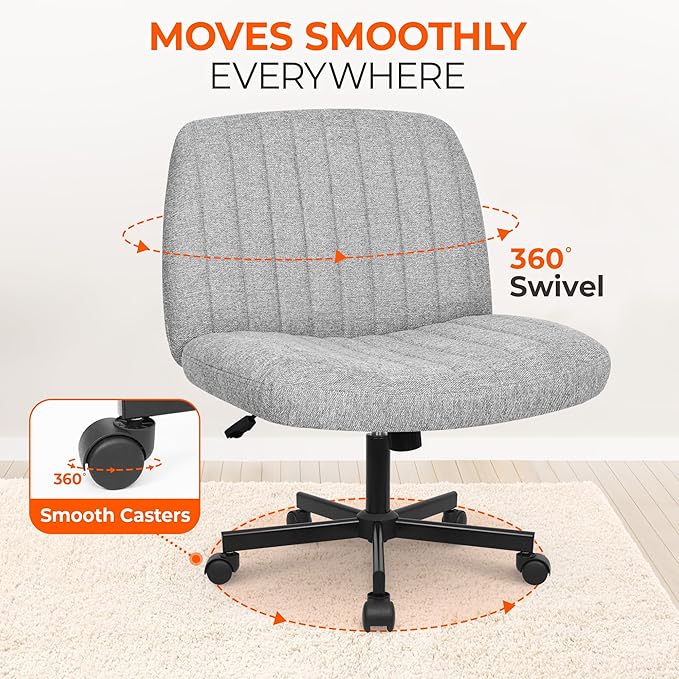 Orange Factory Criss Cross Chair Wheels Wide Cross Legged Office Desk Vanity Chair Comfy Fabric Armless Adjustable Swivel for Home Computer Task (Grey Wheel, Fabric)