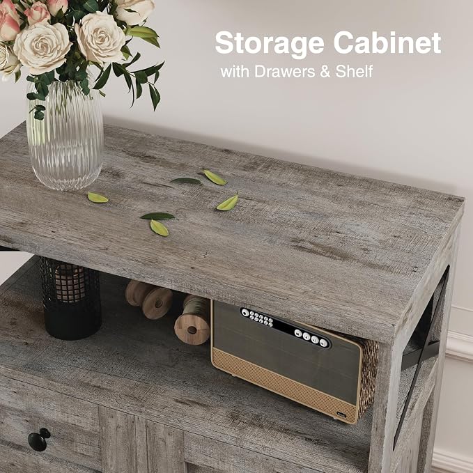Farmhouse Storage Cabinet with Drawers, Small Kitchen Pantry Cabinet, Gray | Accent Coffee Bar Cabinet Cupboard, 2 Drawers, 2 Barn Doors & Adjustable Shelves, for Kitchen/Entryway/Living Room/Bathroom