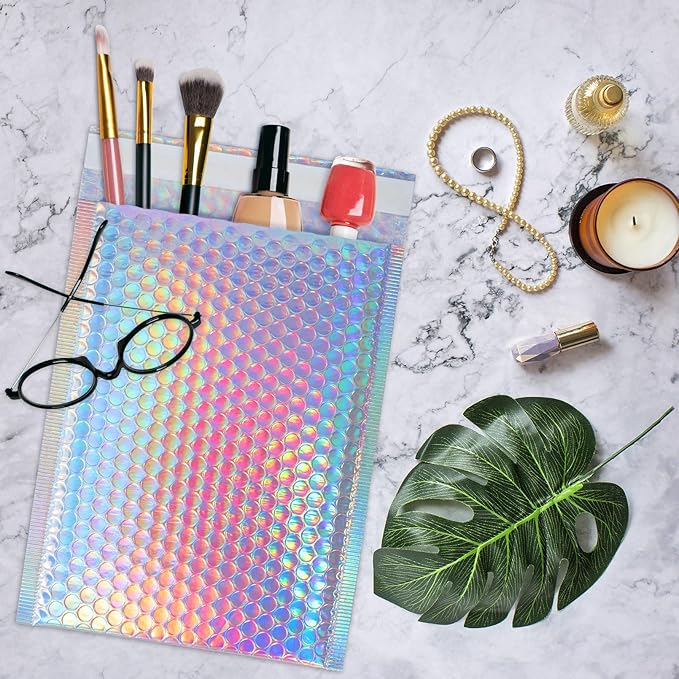 50 Pcs Metallic Bubble Mailers, Holographic Bubble Mailers, Poly Padded Envelopes, Adhesive Shipping Bags, Waterproof Self Sealing Cushion Envelopes for Mailing, Packing, Small Business