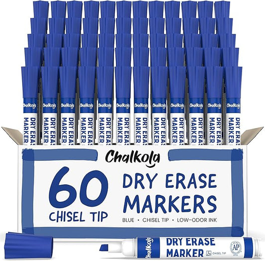 Chalkola 60 Blue Dry Erase Markers Bulk Pack, Blue Chisel Point White Dry Erase Pens - Low Odor Whiteboard Markers for Kids, Home, Office, Back to School Supplies