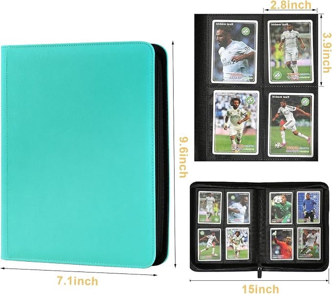 4 Pocket Ringless Side Loading Trading Card Binder, 160 Cards PU Fixed Page Zipper Card Album for TCG Sports Game Cards, Not Fit Top Loaders (Lake Blue)