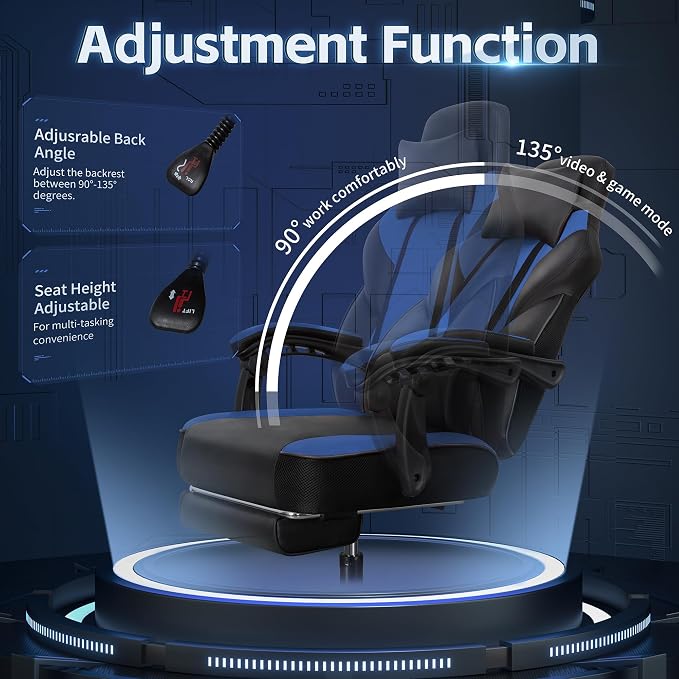 Gaming Chairs for Adults, Computer Chair with Footrest and Ergonomic High Back, Big and Tall Gamer Chairs with Massage Lumbar Support, 360° Swivel Height Adjustable Gaming Chair, Blue