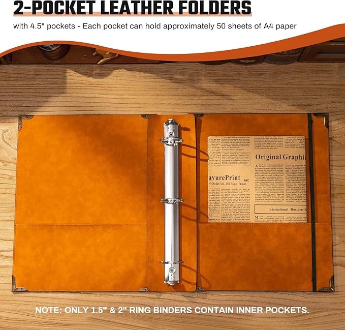PU Leather 3 Ring Binder Fits 8.5"x11" Letter Size Paper, 1.5 Inch Round Ring Binder Holds 350 Sheets, Notepad Paper Cover Loose Leaf Organizer, Brown Tree