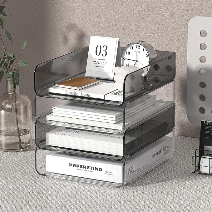 4-Tier Acrylic Paper Tray Organizer | Clear Stackable Desk Organizer for Documents, Letters, A4 Paper | Modern Office/Classroom/Home Organization,Clear&Brown