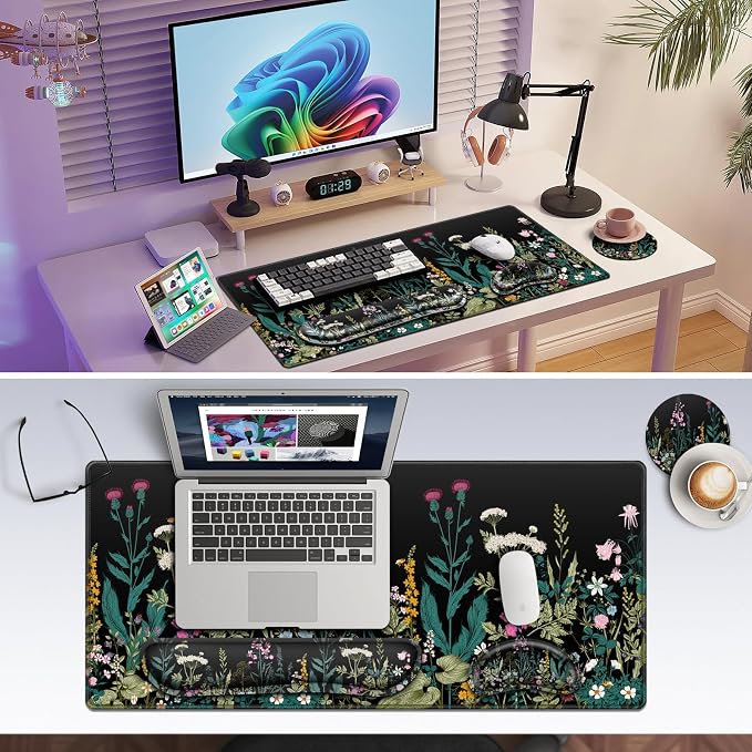 Canjoy Desk Mat with Wrist Rest, Desk Pad for Keyboard and Mouse 4-in-1 Mouse Pad + Keyboard Wrist Rest Support+ Coaster(35.4×15.7 in) Extended Desk Pad Memory Foam Non-Slip Desk Mat for Home Office