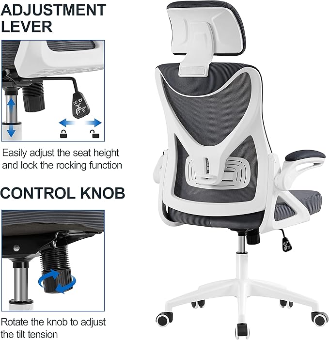 Yaheetech Ergonomic Mesh Office Chair, High Back Desk Chair with flip-up Armrests, Adjustable Padded Headrest Lumbar Support for Home Oiffce Game Room, White/Gray