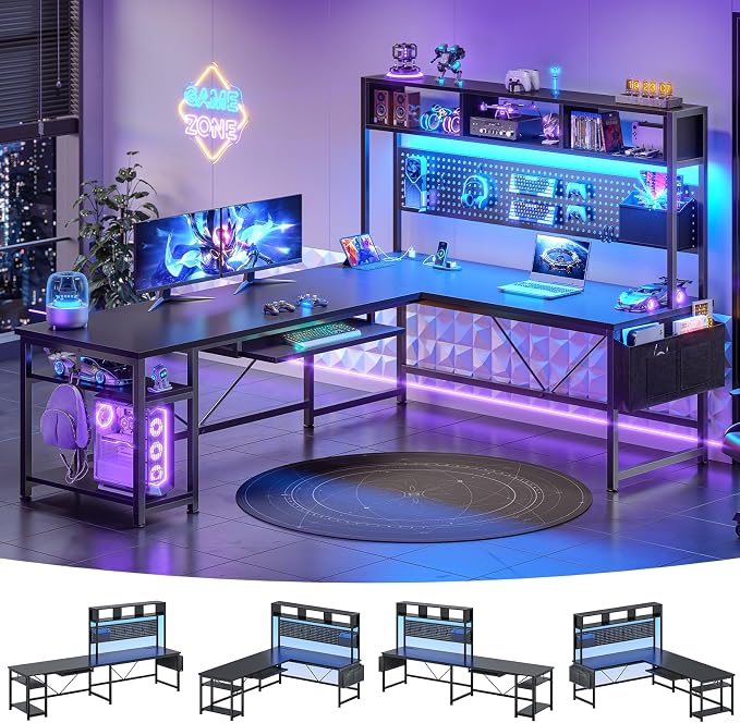 SEDETA 67" L Shaped Gaming Desk with Pegboard LED Lights and Power Outlet | Reversible Computer Desk with Keyboard Tray Hutch and Stoage Bag for Home Office, Black