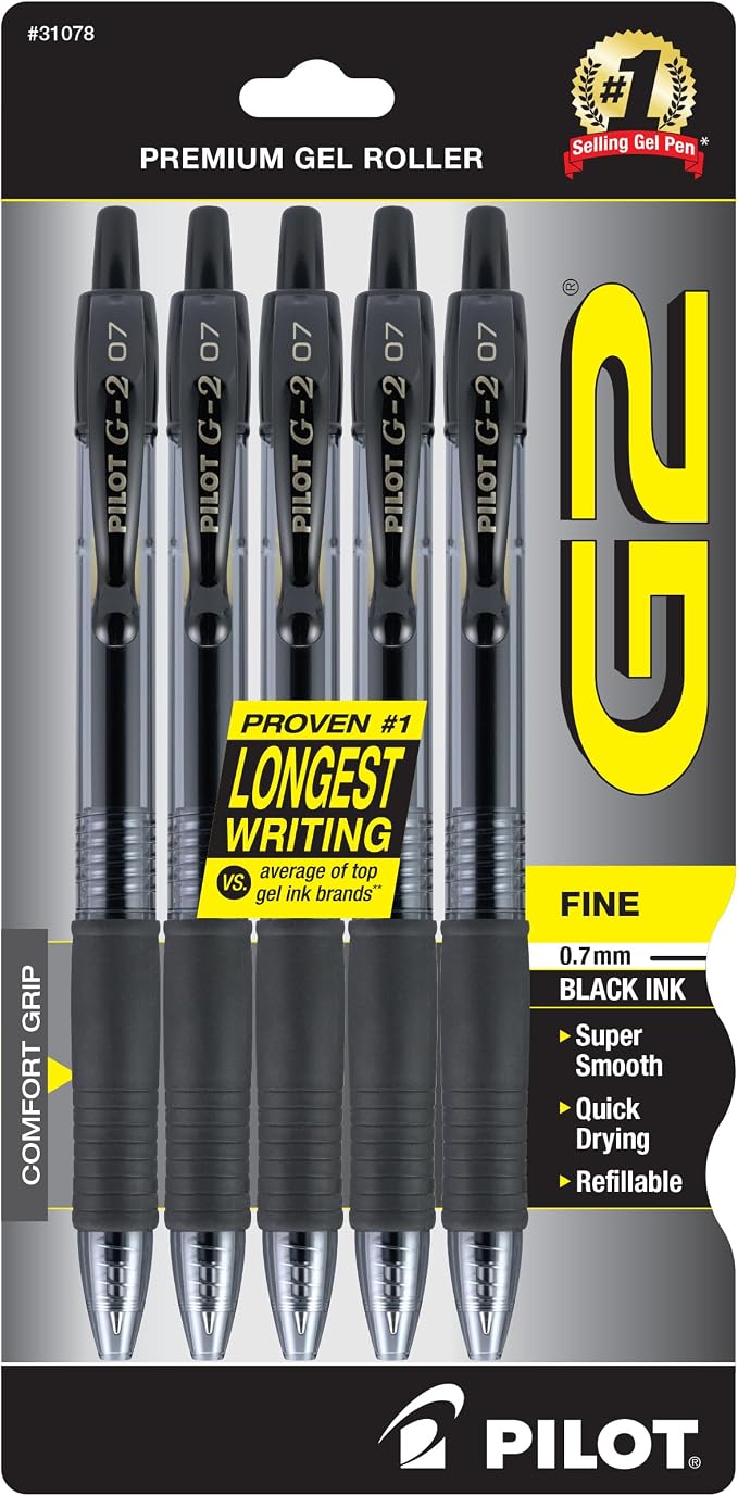 PILOT G2 Pens, 0.7mm, Black Ink, 5-Pack