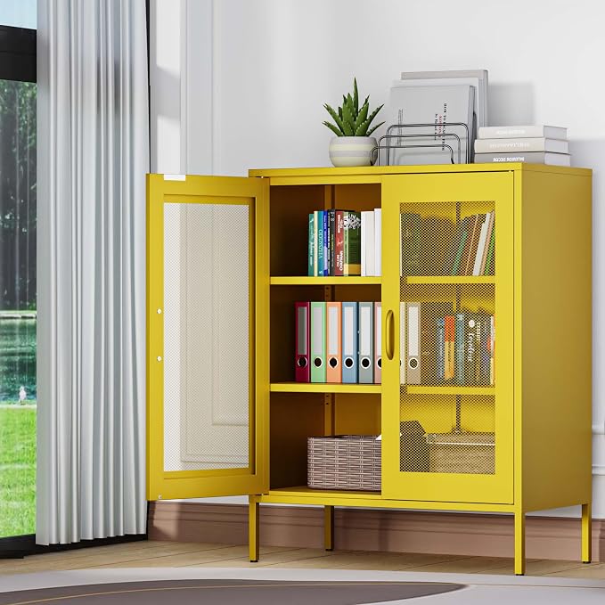 Washsemba Metal Storage Cabinet with Mesh Doors,Steel Display Cabinet with Adjustable Shelves,Metal Office Storage Locker for Home Office,Garage(Yellow, 40''H)
