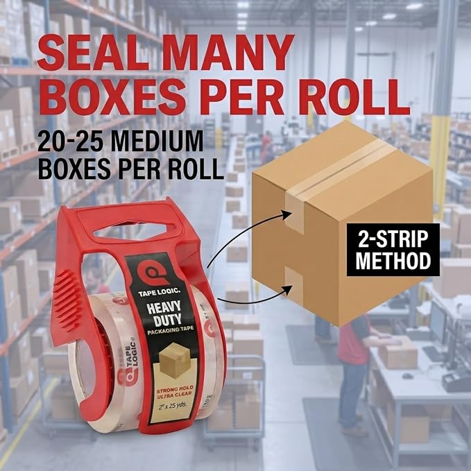 Tape Logic Heavy Duty Packing Tape with Dispenser (2 Pack) – 2.6 Mil Thick Clear Shipping Tape, 2 in x 25 yd – Strong Industrial Adhesive for Moving Boxes, Mailing, & Shipping Packaging
