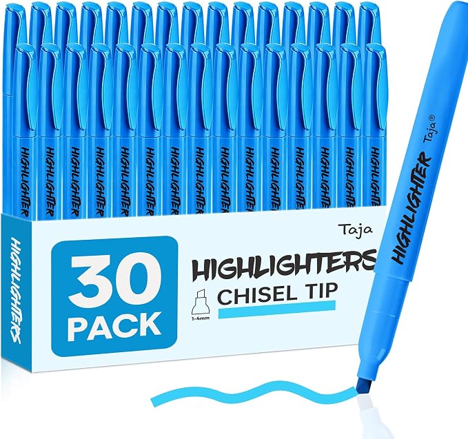 Taja 30 Pack Highlighters, Blue, Chisel Tip with No Bleed Ink | Highlighters with Smooth Broad & Precise Lines, Ideal for Journaling & Note Taking, Study Essentials and Office Supplies