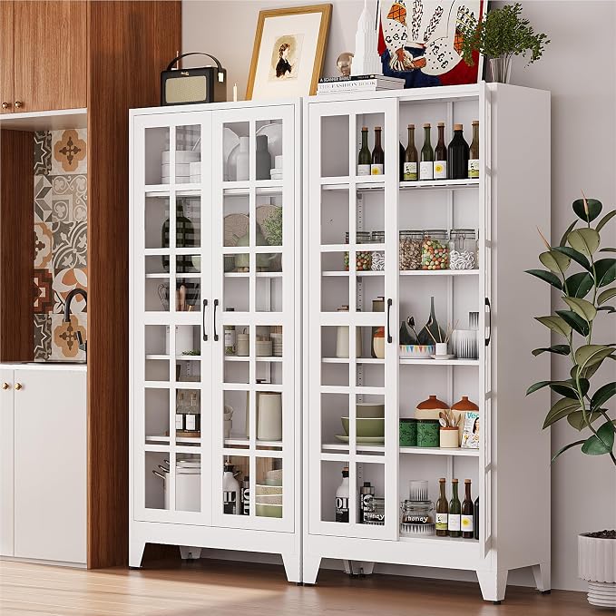 COFaR 71" White Glass Door Display Cabinet for Kitchen and Dining Room | 5-tier pantry and display cabinet with glass doors and 4 adjustable shelves for kitchen, dining room, living room or office.