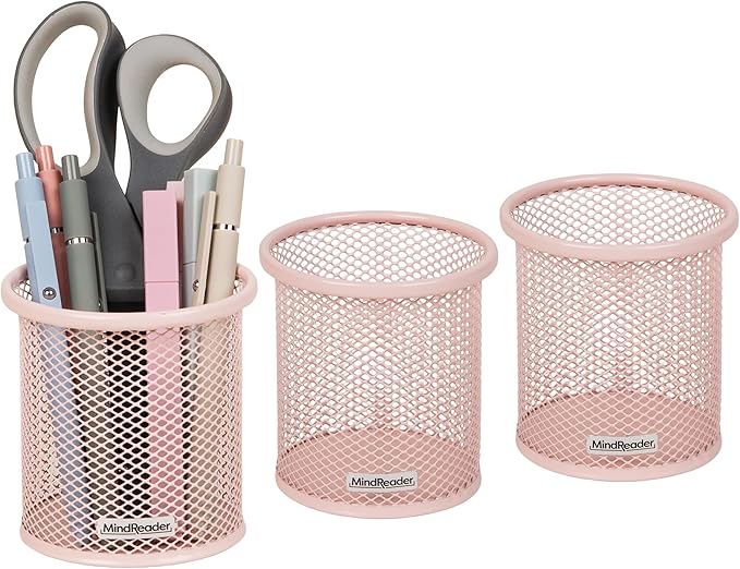 Mind Reader Pen and Accessories Holder, Desktop Organizer, Office, Metal Mesh, 3.5"L x 3.5"W x 3.75"H, Set of 3, Pink
