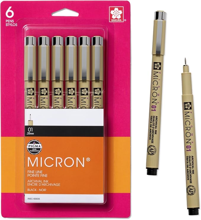SAKURA Pigma Micron Fineliner Pens, 01 Tip Size, Archival Black Ink, 6 PK 50035 | Archival Black Ink Pens for Writing, Illustration, and Journaling, Precise Fine Points and Lines, Smooth Writing