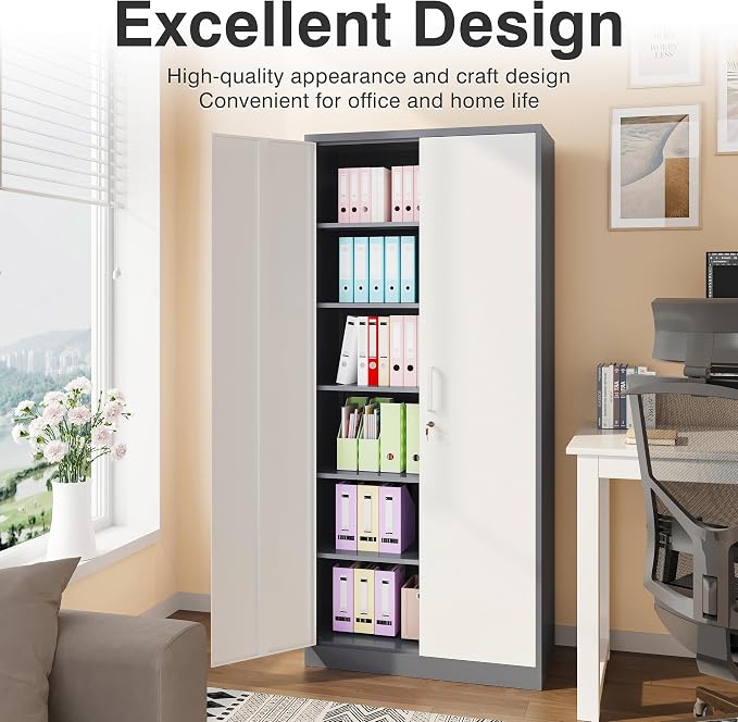 6 Tier Storage Cabinet with Doors and Shelves,71" Tall Metal Storage Cabinet with Lock Door Adjustable Shelf, Steel Lockers for Office, Home,School,Kitchen,Garage Tool Utility Cabinet