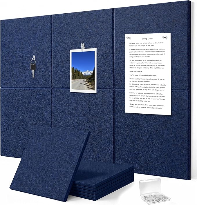 Felt Wall Tiles Bulletin Board Large Cork Board Alternative 6 Pack 11.81”x11.81”x0.47” Felt Pin Board Tack Board with Safe Removable Adhesive Tabs for Home Office School 36x24 (Dark Blue)
