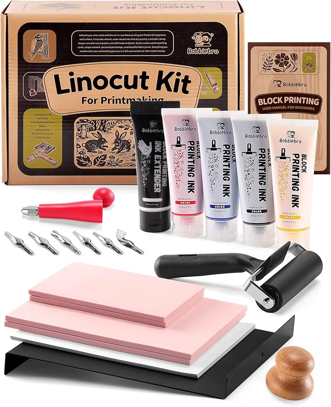 Linoleum Blocks for Printmaking, Stamp Making Carving Linocut Kit for Kids DIY Gift, Rubber Stamp Carving Screen Printing Kit with 4 Colors Block Printing Ink, Rubber Block, Linocut Tools, Brayer