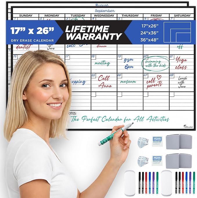 (2 PK) Small Dry Erase Calendar for Wall, 17x26, Small Wall Calendar Dry Erase, White Board for Office, Home & School, Erasable Whiteboard, Monthly Undated Reusable White Board Planner