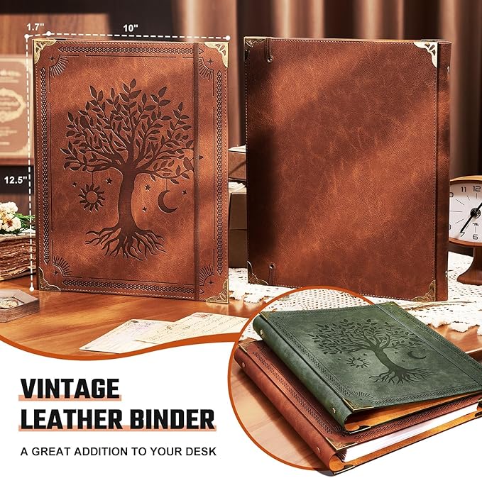 Leather 3 Ring Binder Fits 8.5"x11" Letter Size Paper, 1 Inch Round Ring Binder Holds 200 Sheets, Notepad Paper Cover Loose Leaf Organizer, Brown Tree