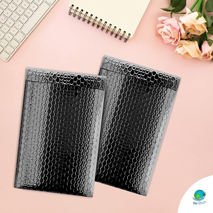 Metallic Bubble Mailers 9.5 x 13.5 Inches Black, 250 Pack Heavy Style Padded Envelopes for Shipping, Mailing, Packaging Protection